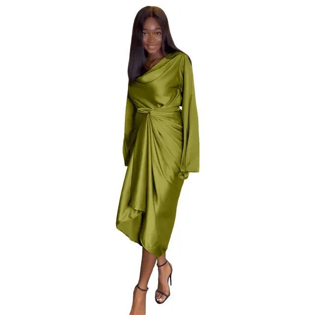 Sage Silk Women's Work Pencil Dress Wedding Guest Office Dresses Cocktail Party Long Sleeves Green|Apricot|Black