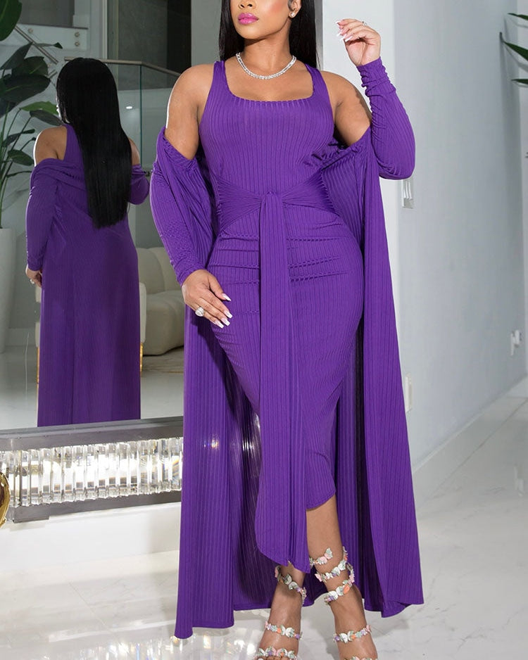 Kansey Midi Dress With Long Sleeve Cardigan Set| Purple