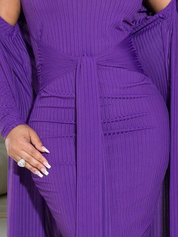 Kansey Midi Dress With Long Sleeve Cardigan Set| Purple