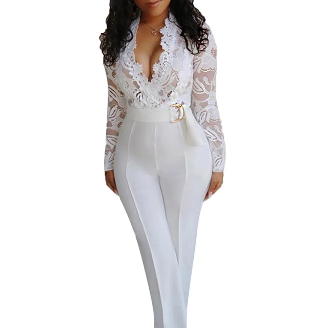 Leal Sexy Lace Jumpsuit for Women Bodycon Long Sleeve Ruffle Mesh See LongClub Party One Piece Rompers Jumpsuit