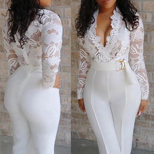 Leal Sexy Lace Jumpsuit for Women Bodycon Long Sleeve Ruffle Mesh See LongClub Party One Piece Rompers Jumpsuit