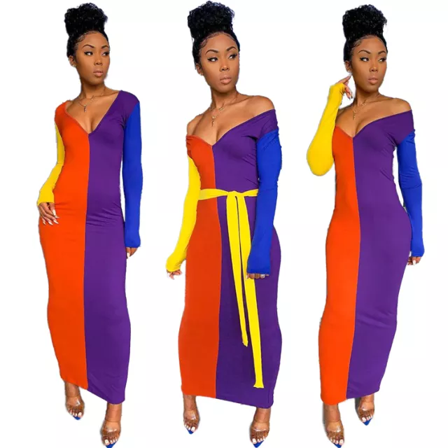 Kayla Multi Color Women Fall Off Shoulder Maxi Bodycon Dress Long Sleeve Ruched Fitted Club Fitted Dress