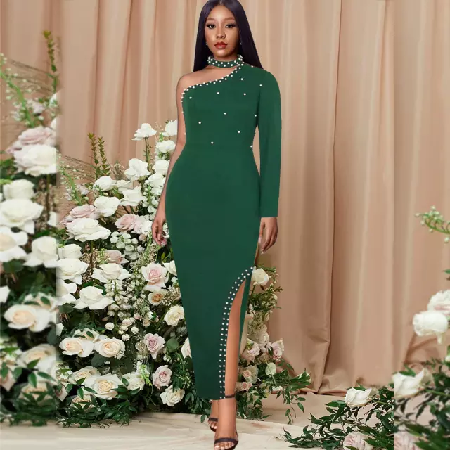 Ines Beading One Shoulder Satin High Split Cocktail Wedding Party Split Dress / Green