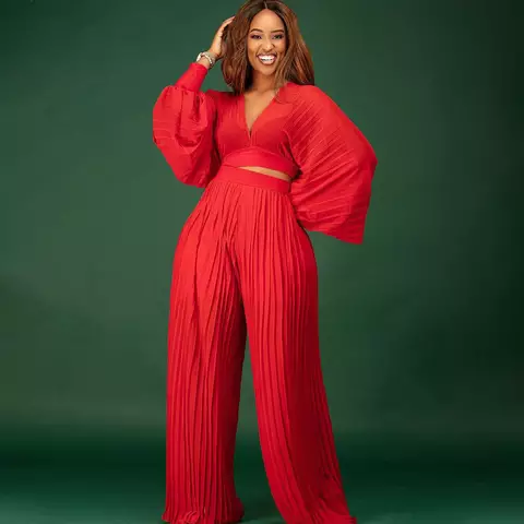 Lisette Women's Summer Ribbed Knit Wide Leg Pant And Long Sleeves Sets Two Piece Pleated set|Red