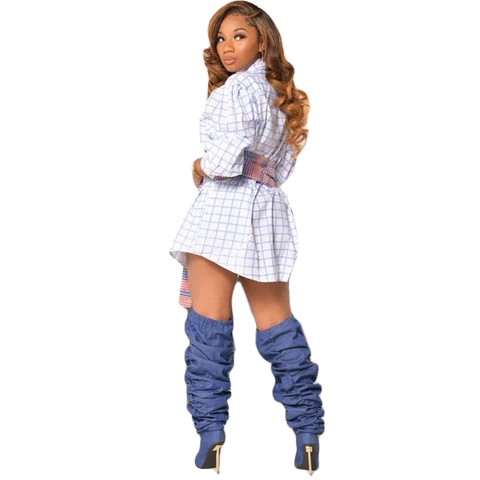 Bea Plaid Dress Shirt with Waist Belt Elegant Vintage Button Down Dress