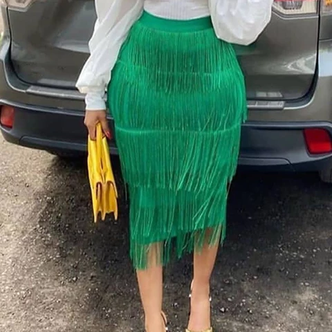 Micaela Fringe Pencil Skirt| Green| Blue