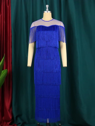 Chita Tassel Fringe Ruffles Sleeve Patchwork Fringe Tiered Midi Dress