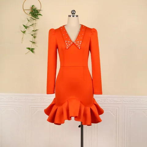 Devika V-Neck Beaded Long Sleeves Casual Short Dress with Pockets