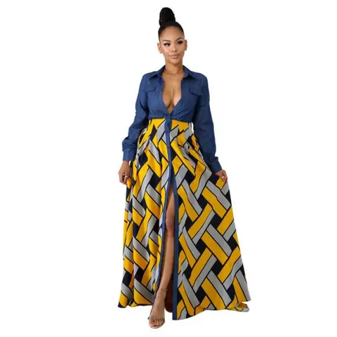 Ari Casual Belted Long Sleeve Denim Dress Wrapped V-Neck Denim Long Dress