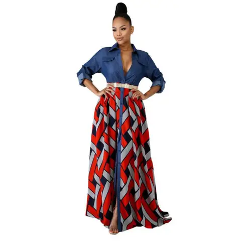 Ari Casual Belted Long Sleeve Denim Dress Wrapped V-Neck Denim Long Dress