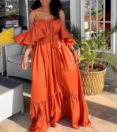 AxelleWomen's Floral Summer Dress Cold Shoulder Split Thigh Belted Bohemia Dress