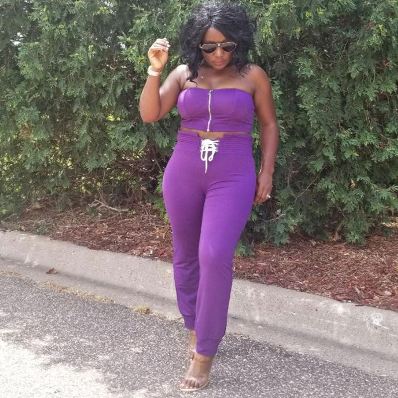 Mikayla Purple Women's Sexy 2 Piece Pants Set Strapless Off Shoulder Tube Tops Pleated Wide Leg Pants