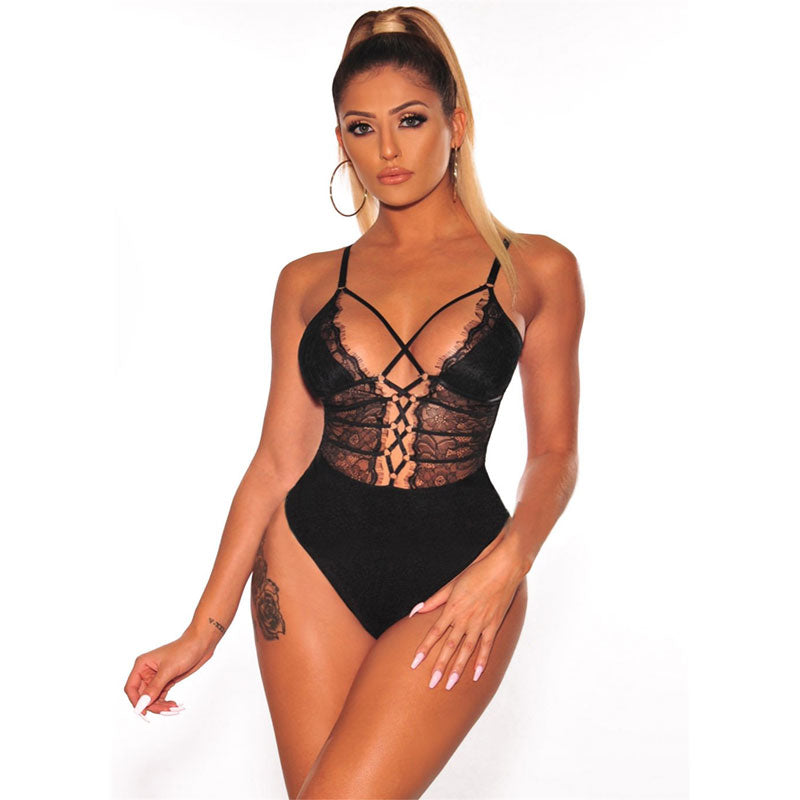 Rena Women's Lace Up Front Sheer Lace Sleeveless Skinny Cami Bodysuit