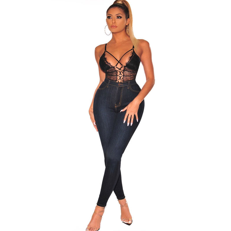 Rena Women's Lace Up Front Sheer Lace Sleeveless Skinny Cami Bodysuit