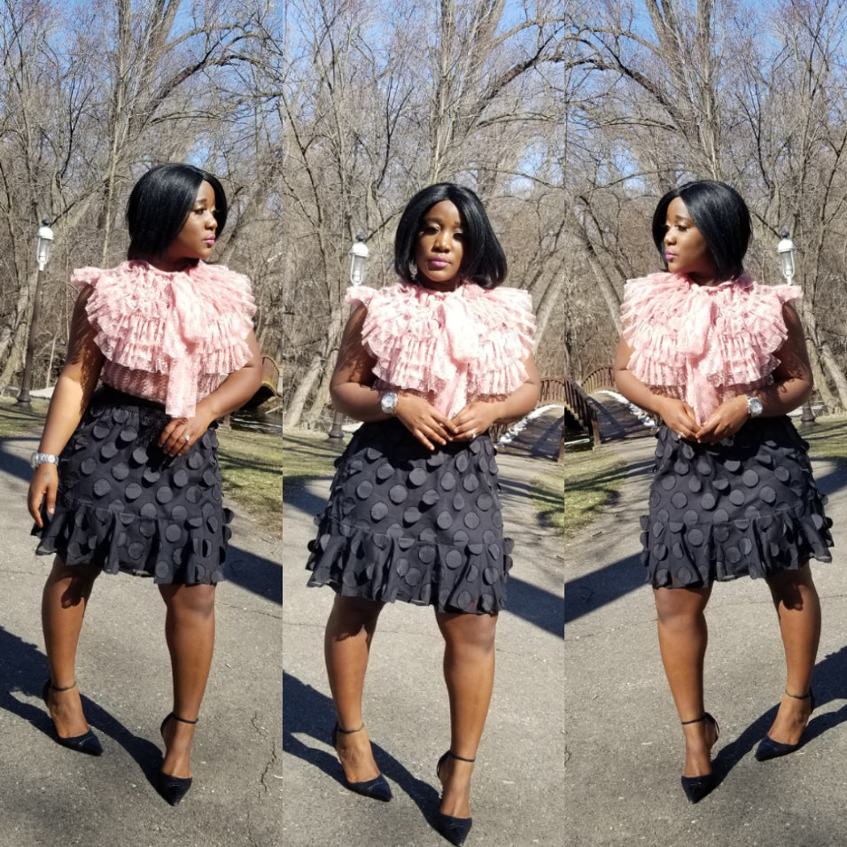 Staci Tie Neck Layered Ruffle Pink Blouse Long Sleeves