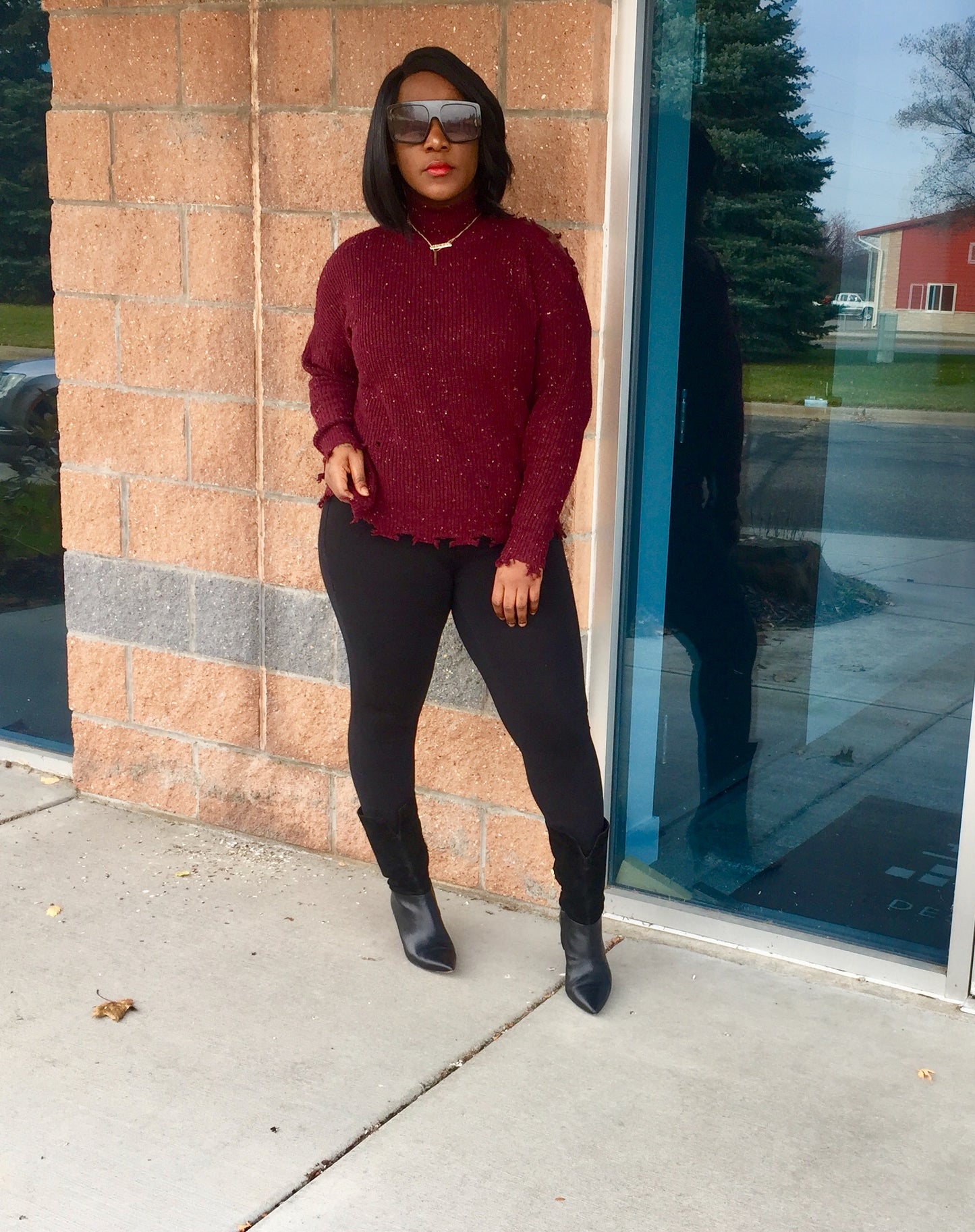 Leal Distressed Women's Casual Long Sleeve Sweatshirt Tops Mock Turtleneck Lightweight Speckled Sweater |Burgundy