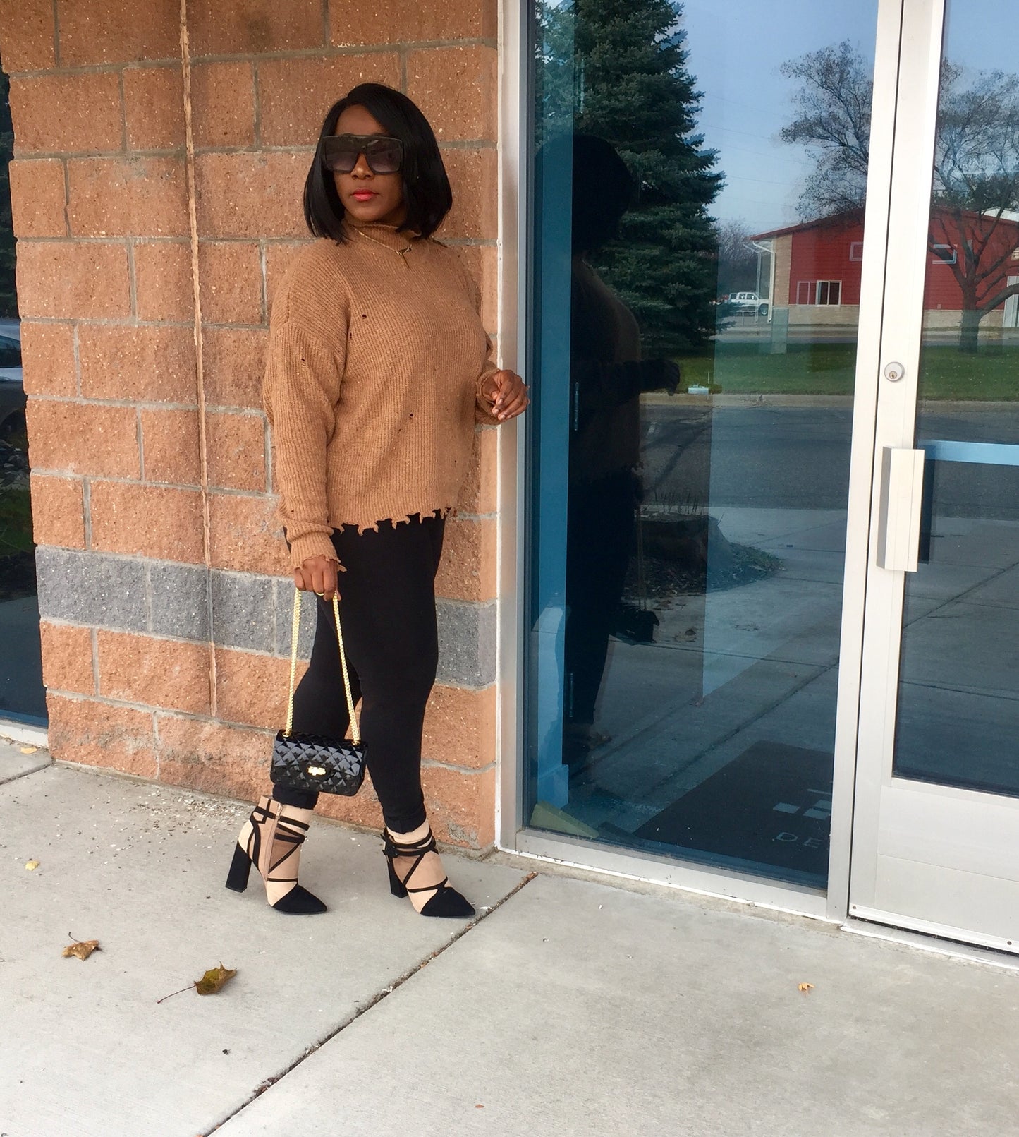 Leal Distressed Women's Casual Long Sleeve Sweatshirt Tops Mock Turtleneck Lightweight Speckled Sweater |Camel