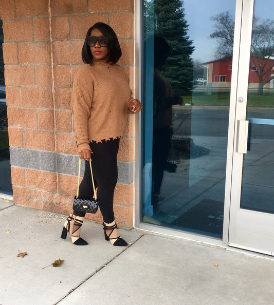 Leal Distressed Women's Casual Long Sleeve Sweatshirt Tops Mock Turtleneck Lightweight Speckled Sweater |Camel