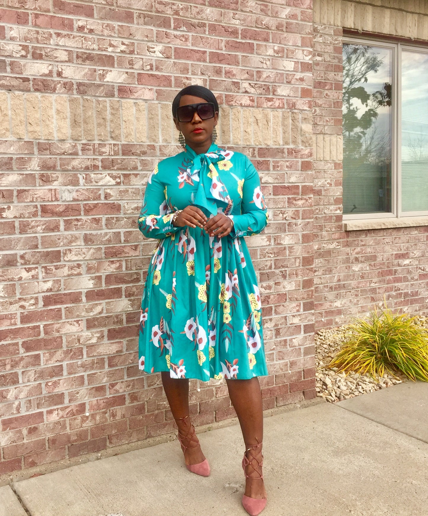 Luella Women's Floral Midi Dress Puff Long Sleeve Casual Ruffle Pleated Floral Dress