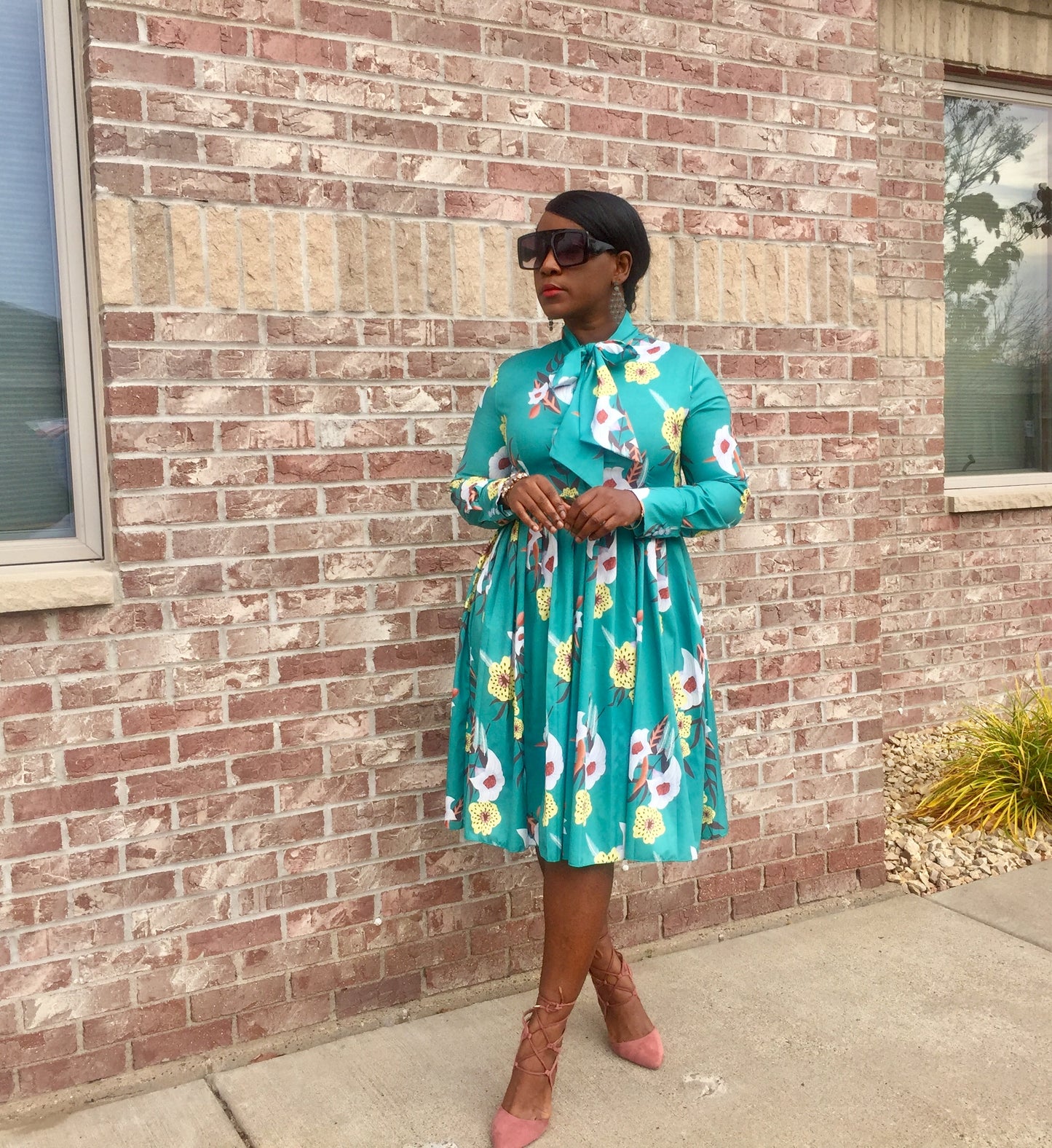 Luella Women's Floral Midi Dress Puff Long Sleeve Casual Ruffle Pleated Floral Dress