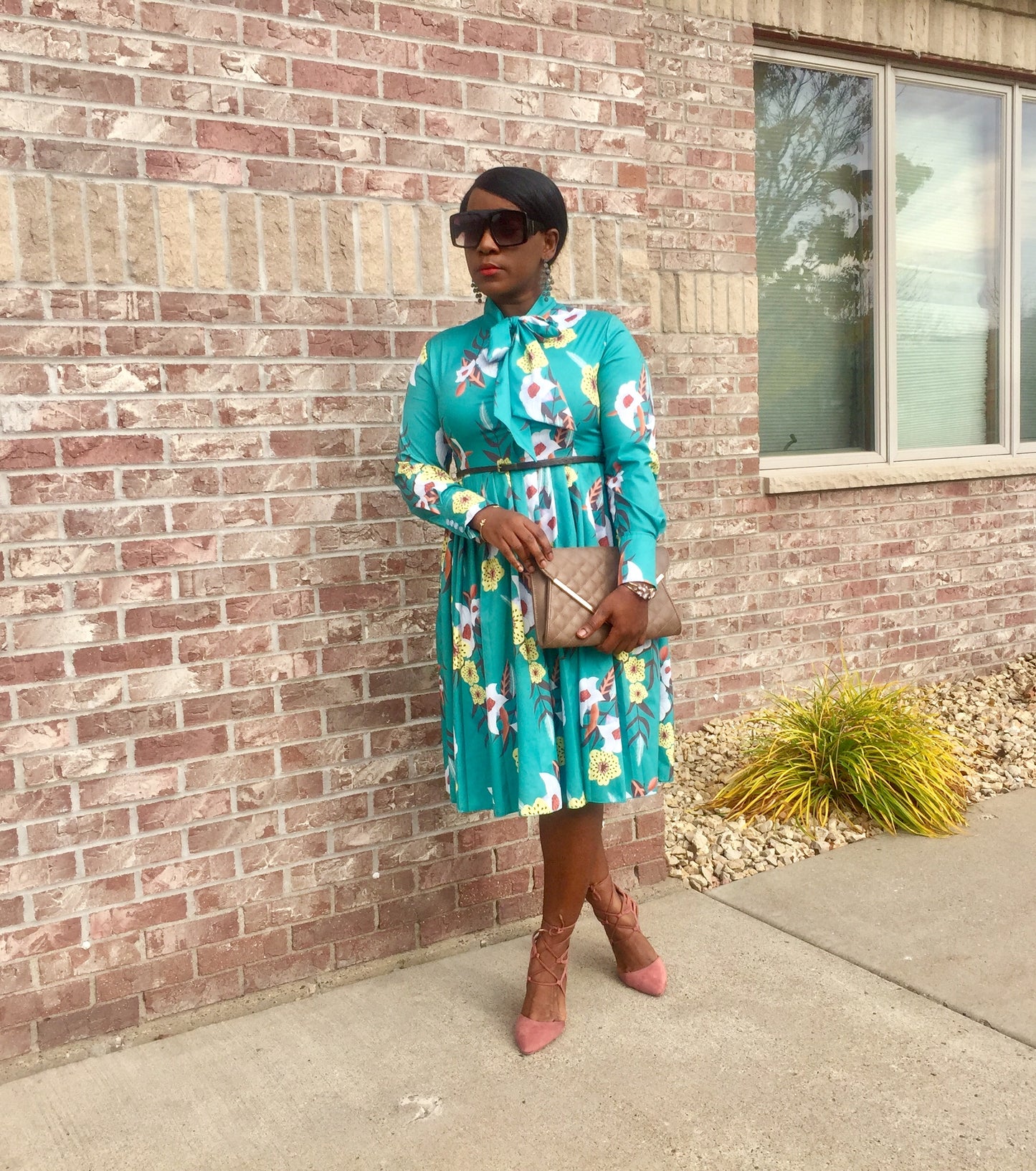 Luella Women's Floral Midi Dress Puff Long Sleeve Casual Ruffle Pleated Floral Dress
