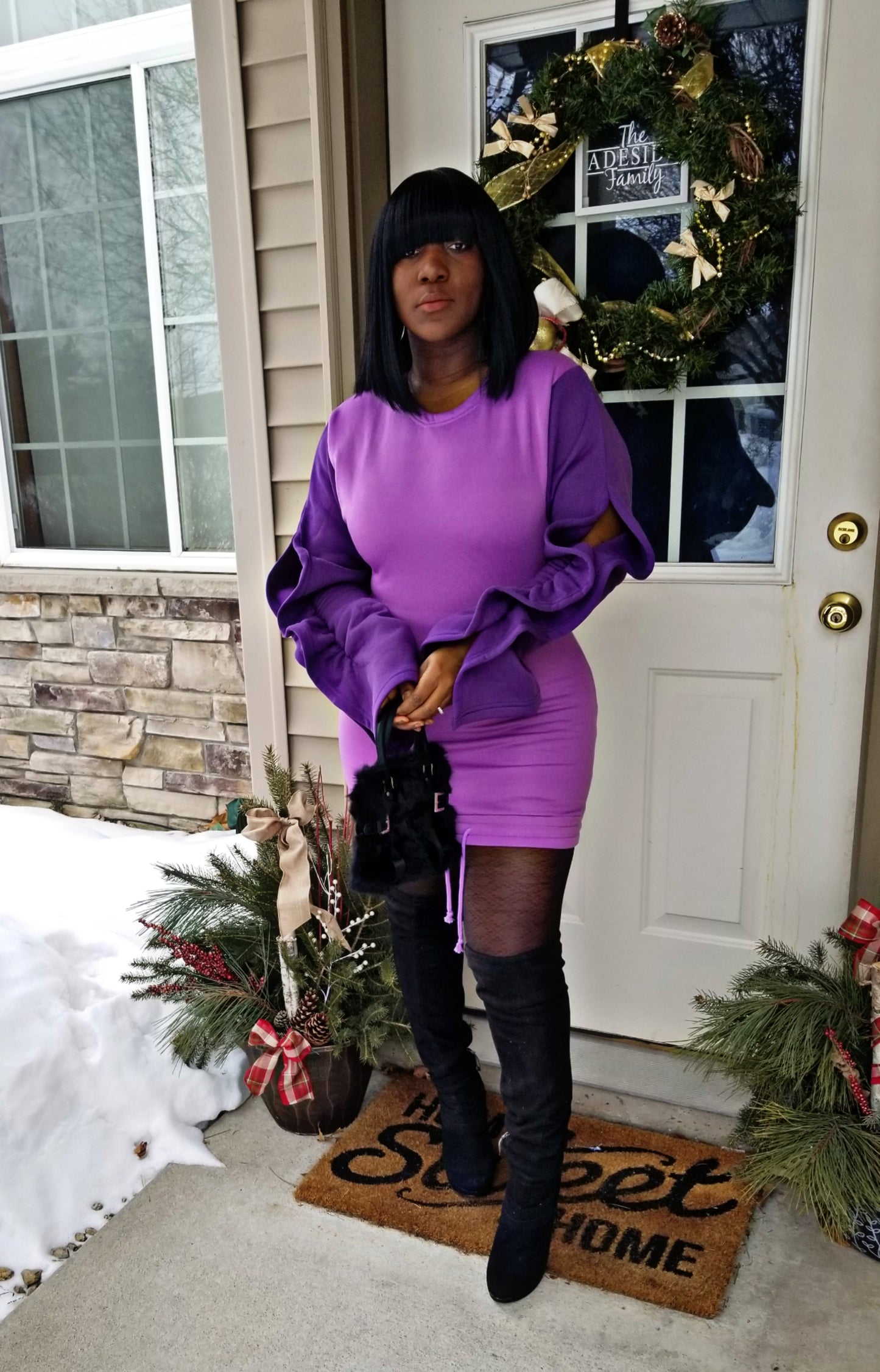 Naya Hallow Puff Sleeves Bodycon Dress| Purple