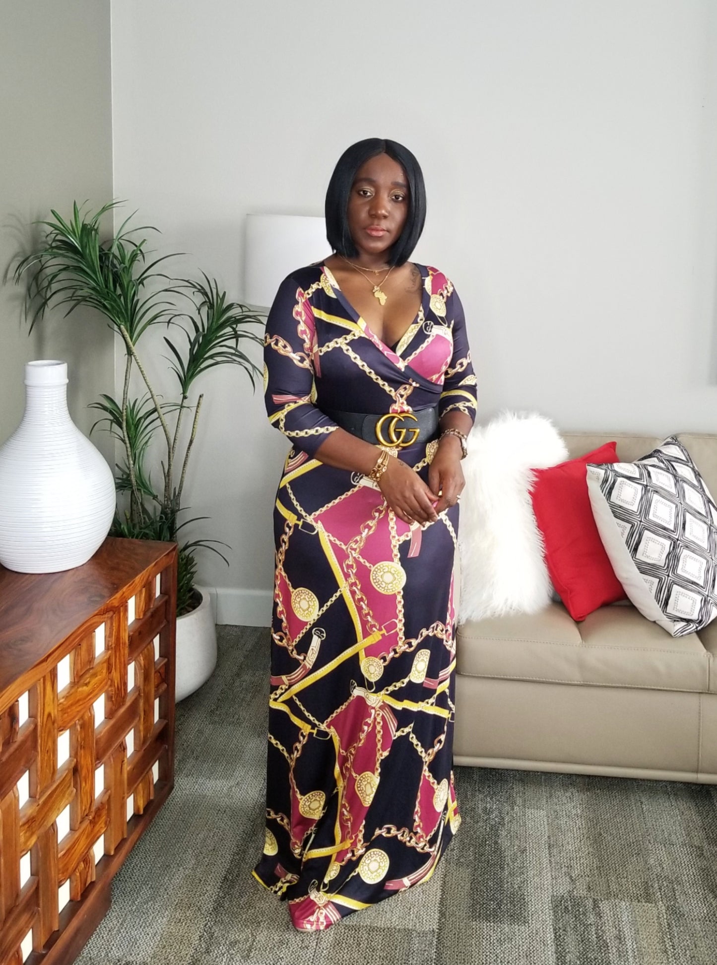 Golden Multi-Print V-Neck Maxi Dress