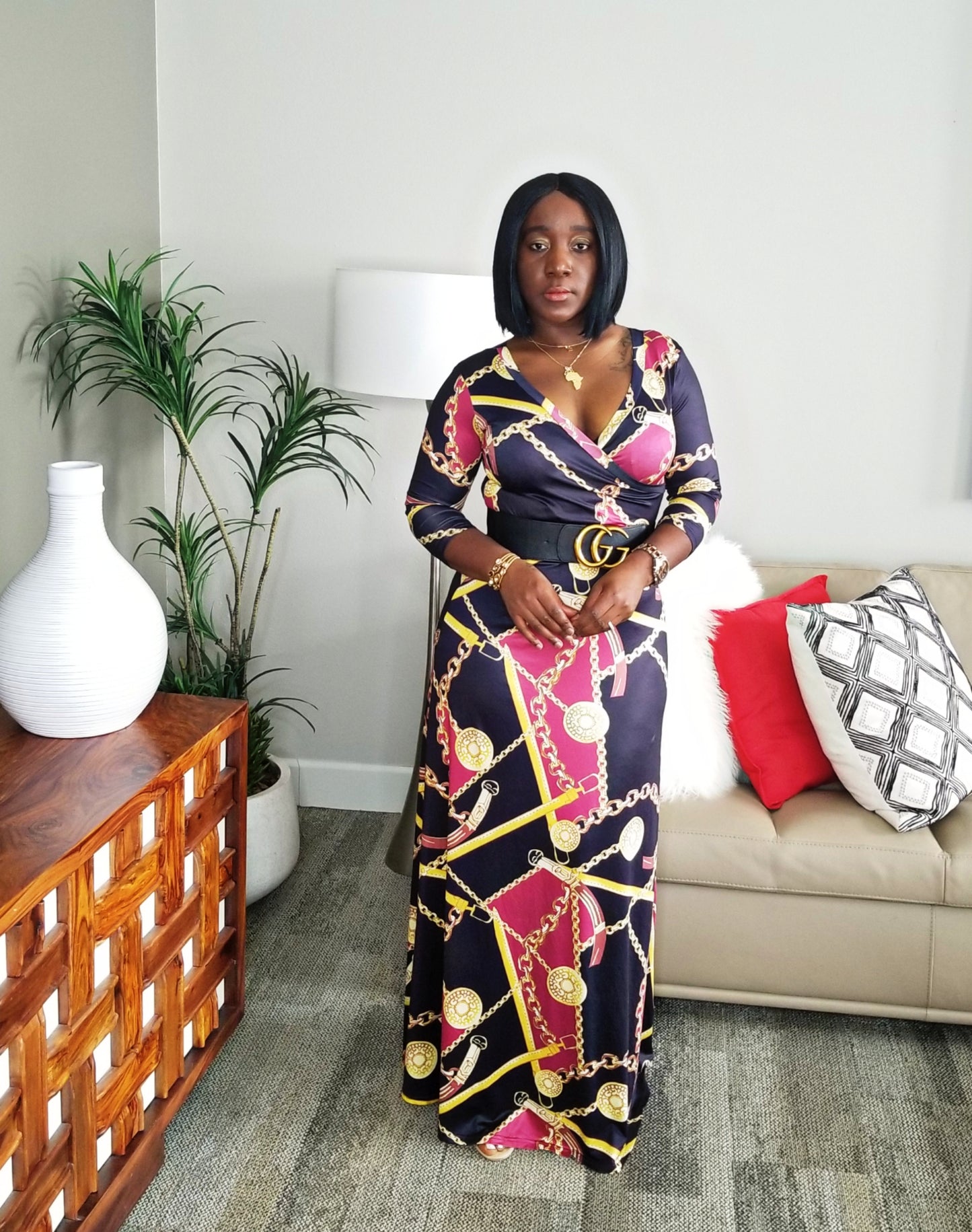 Golden Multi-Print V-Neck Maxi Dress