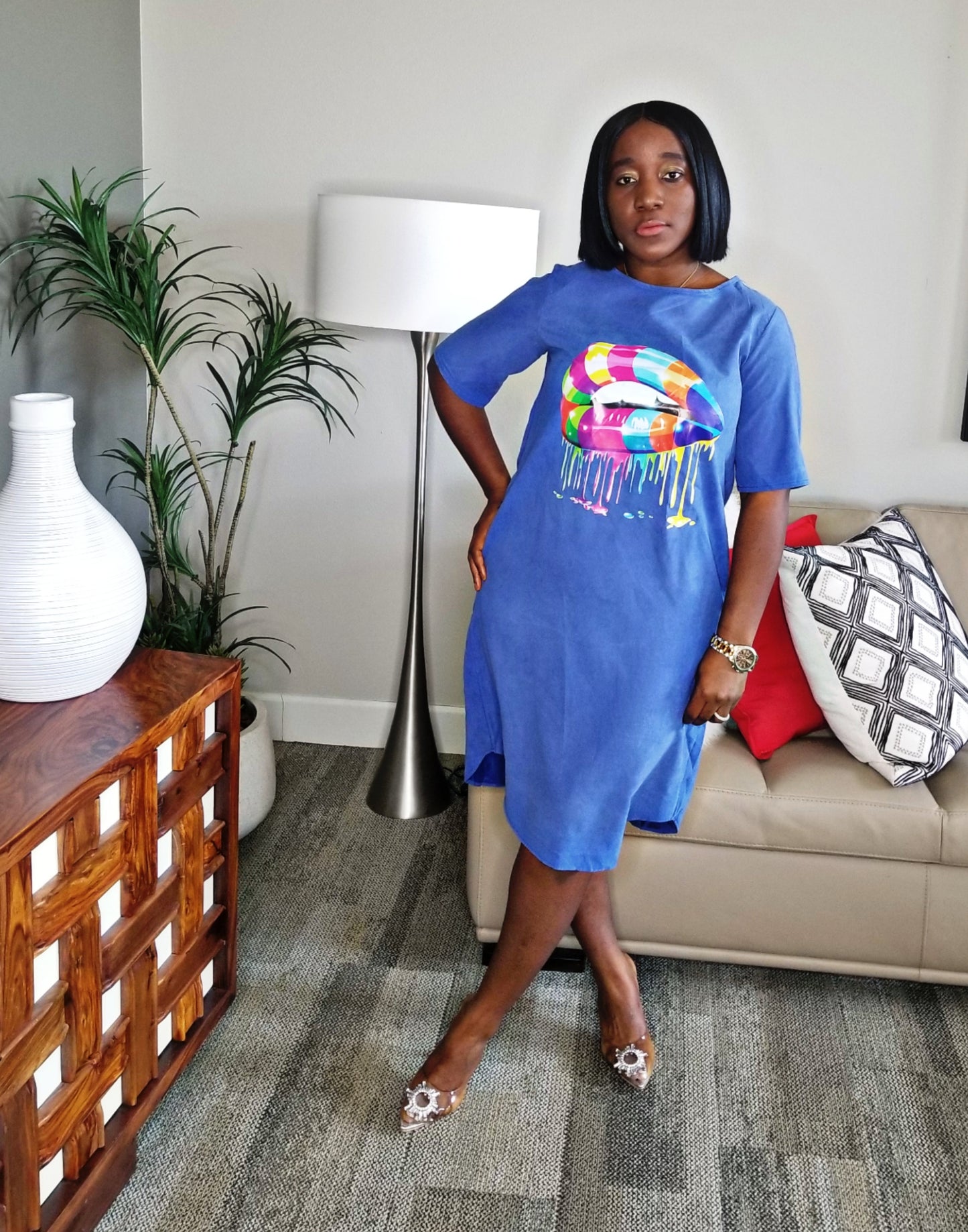 Monet Long Knee Length Round Neck Breeze Dress For Women | Blue