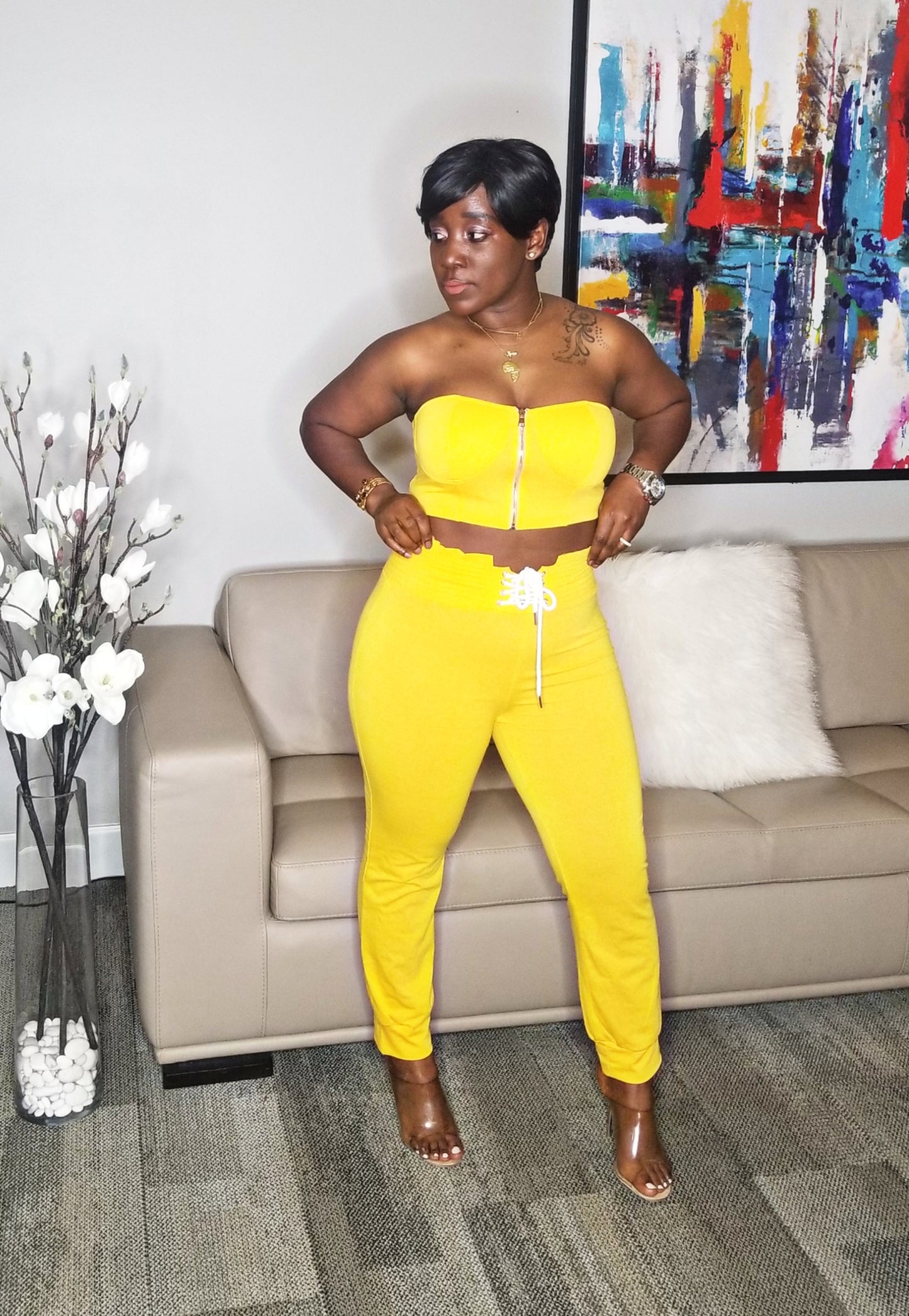 Mikayla Yellow Women's Sexy 2 Piece Pants Set Strapless Off Shoulder Tube Tops Pleated Wide Leg Pants