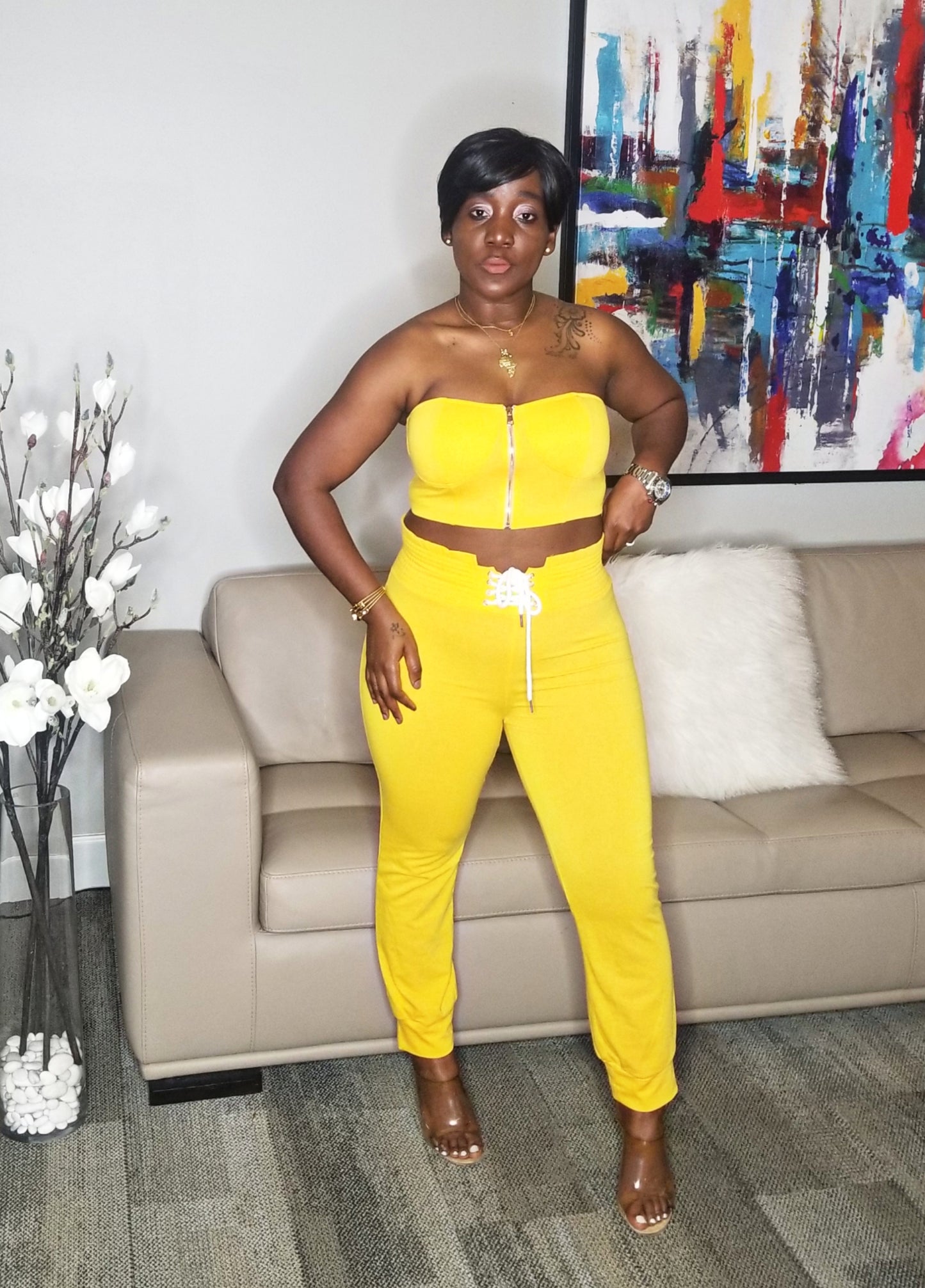 Mikayla Yellow Women's Sexy 2 Piece Pants Set Strapless Off Shoulder Tube Tops Pleated Wide Leg Pants