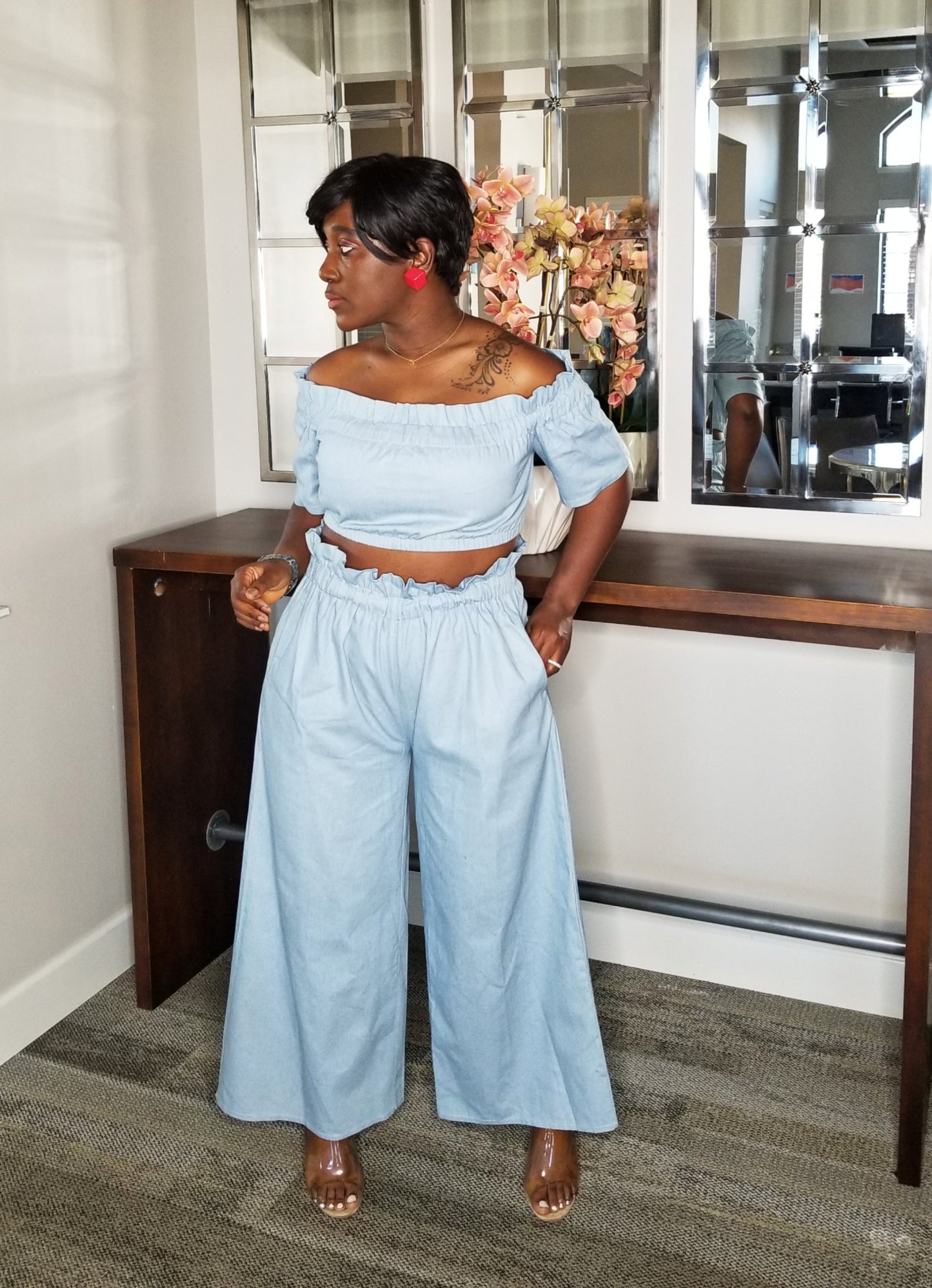 Melanna Women 2 Piece Denim Outfits Tracksuit Jumpsuits Lightweight Windbreaker Crop Top Pants Set