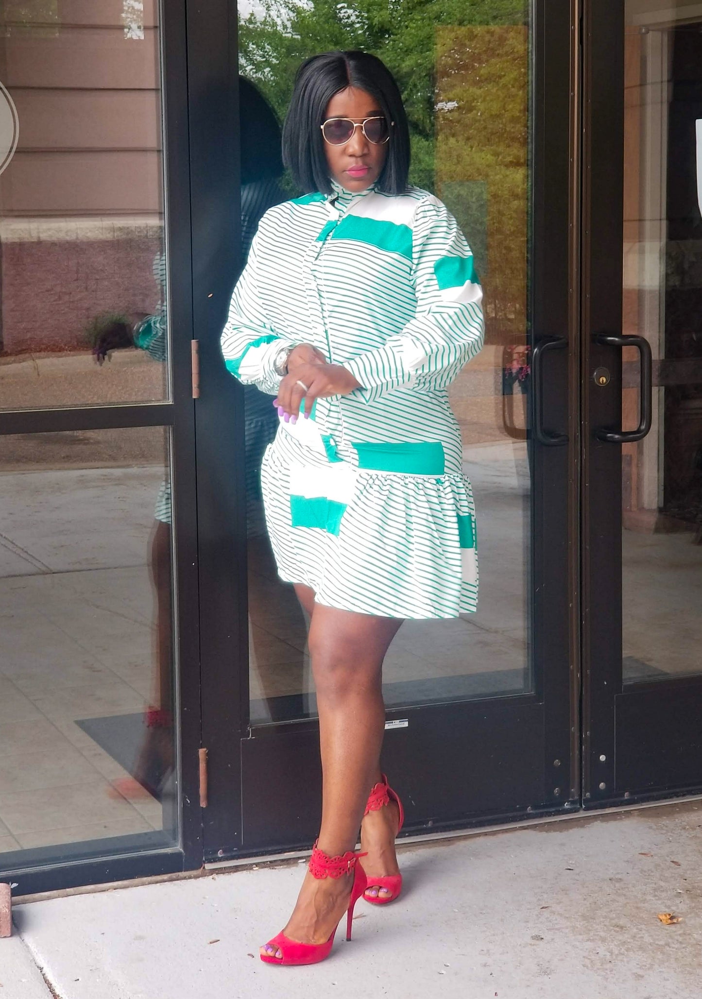 Women's Striped Shirt Dress Ruffle Full Sleeve Belt on Short Dress