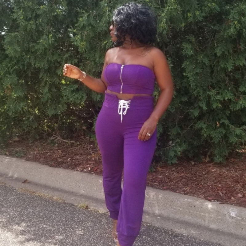 Mikayla Purple Women's Sexy 2 Piece Pants Set Strapless Off Shoulder Tube Tops Pleated Wide Leg Pants