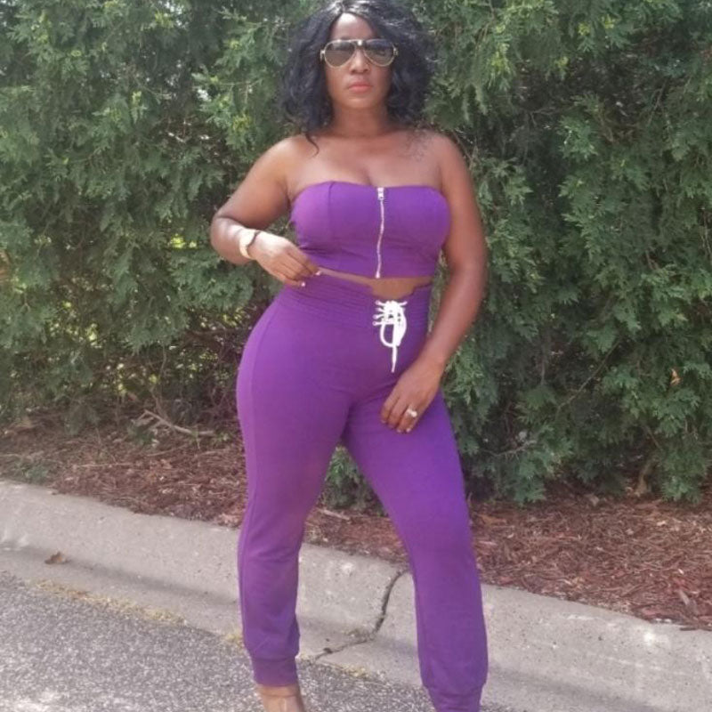 Mikayla Purple Women's Sexy 2 Piece Pants Set Strapless Off Shoulder Tube Tops Pleated Wide Leg Pants