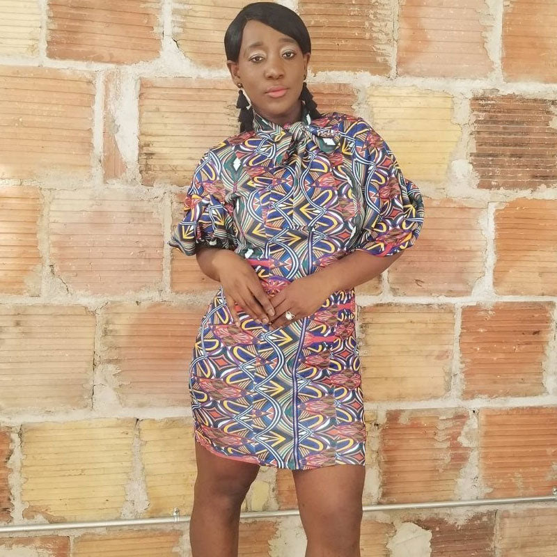 Mia Puff Sleeve Tie-Neck Front Zipper Mini Dress