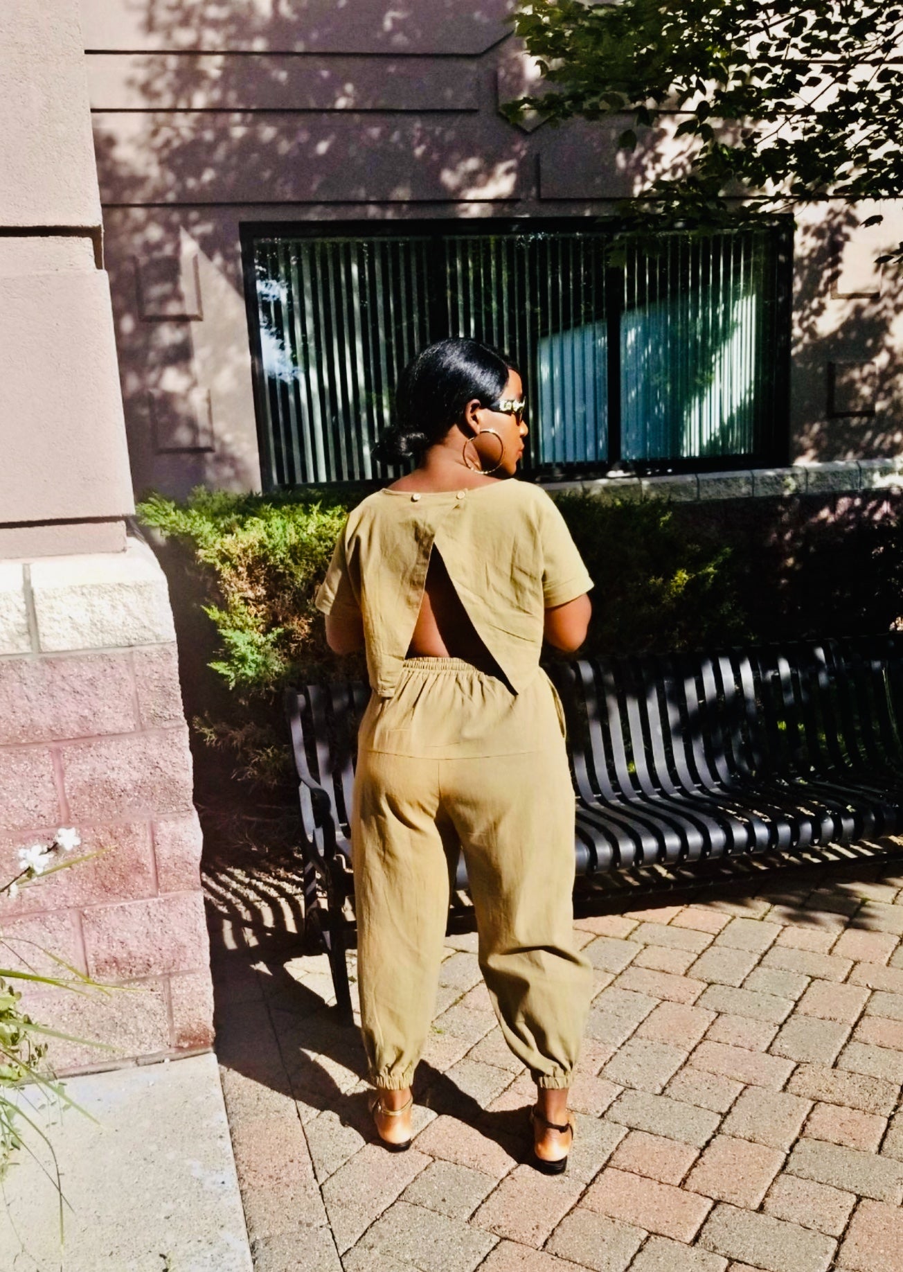 Willow Linen Split mock neck Jumpsuit with wide leg Long Pants Romper| Green