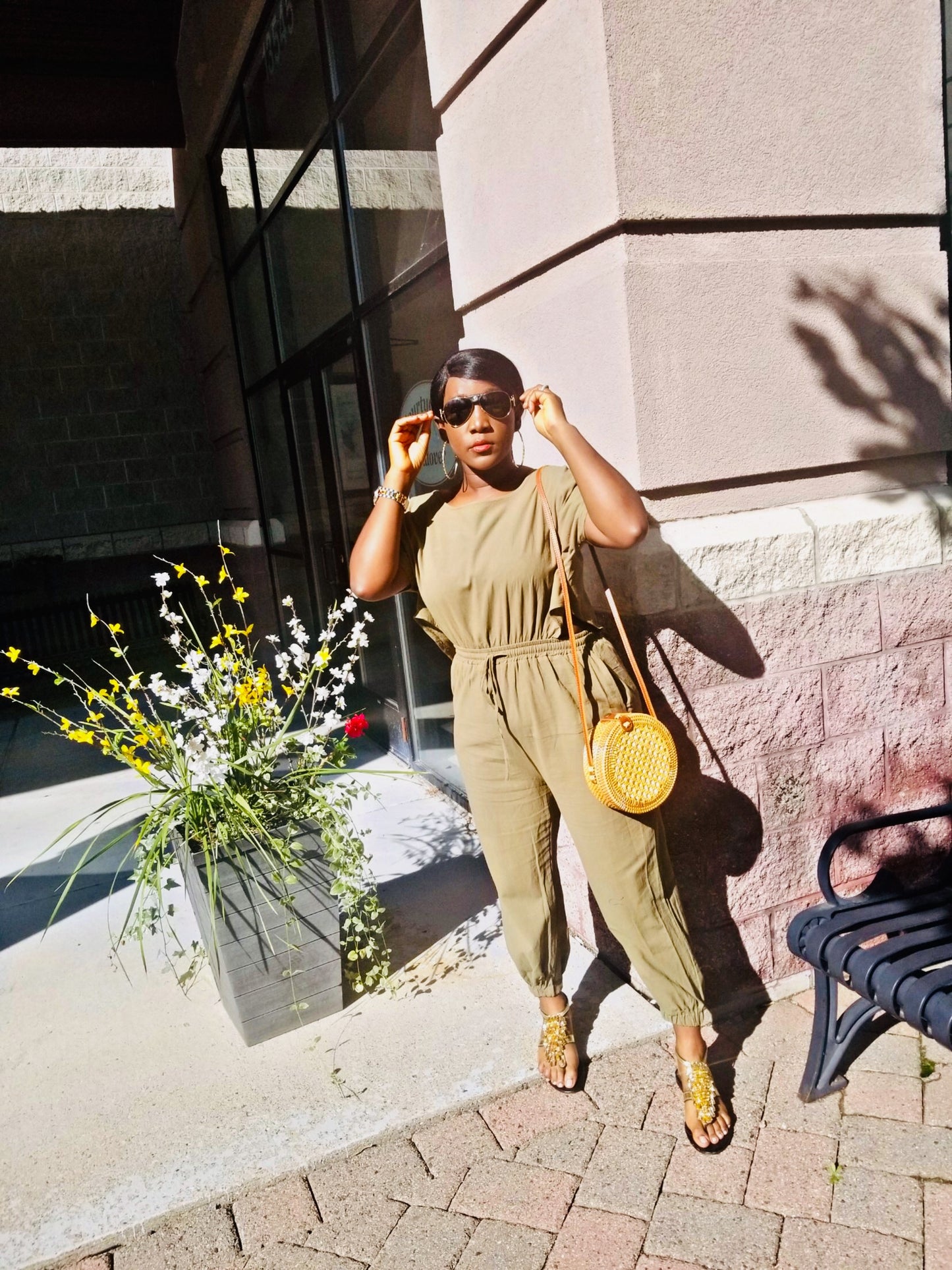Willow Linen Split mock neck Jumpsuit with wide leg Long Pants Romper| Green