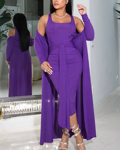 Kansey  Midi Dress With Long Sleeve Cardigan Set| Purple