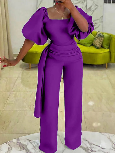 Annalise Puff Sleeve Flared Jumpsuit Purple| Blue